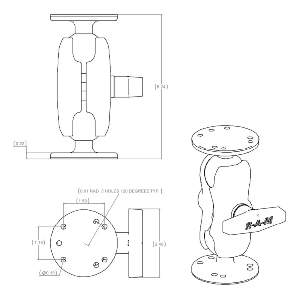 RAM® Universal Double Ball Mount with Two Round Plates - C Size Short